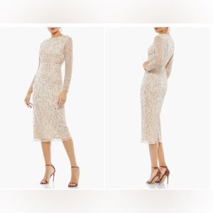 Mac Duggal Beige Beaded Tea Length Dress w/ Sheer Sleeves